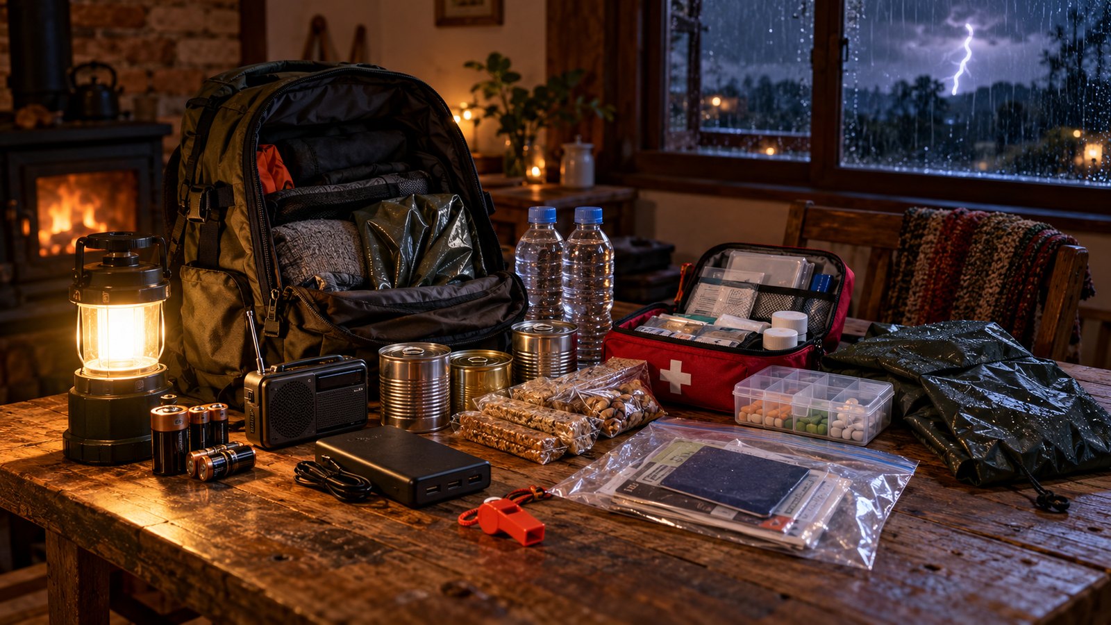 Mochila de emergência com lanterna, rádio a pilha, água, alimentos, remédios e documentos