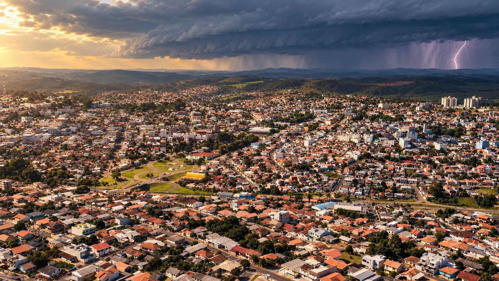 Vista aérea de Telêmaco Borba sob sol forte com frente de tempestade avançando pelos Campos Gerais