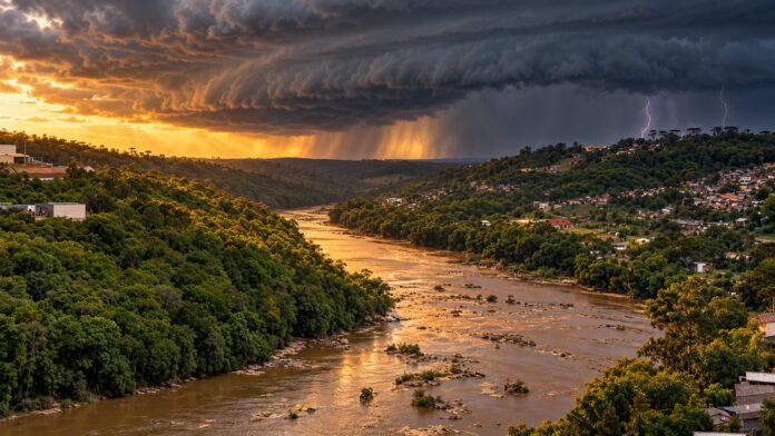 Tempestade com nuvem prateleira e raios sobre o vale do Rio Tibagi em Telêmaco Borba