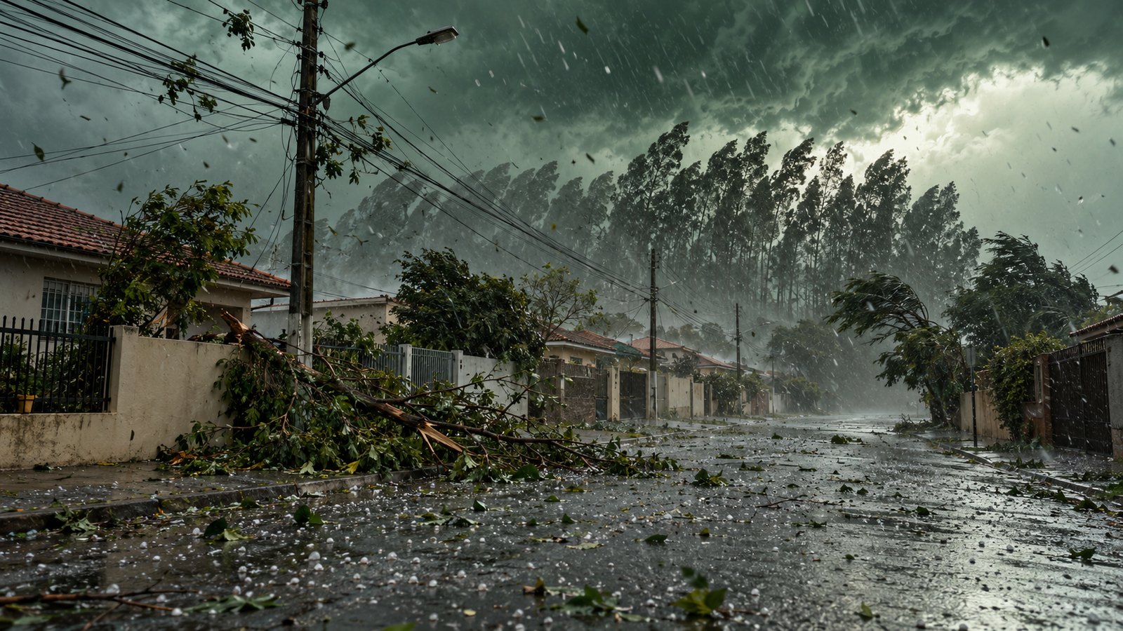 Vendaval com granizo curvando eucaliptos e derrubando galhos perto da fiação em rua residencial