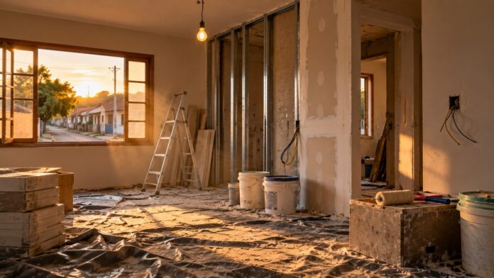 Reforma parada em casa de cidade pequena, com divisória de drywall pela metade, baldes, escada e lona no piso