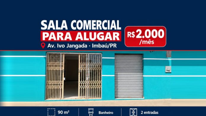 Sala comercial para alugar na Av. Ivo Jangada, em Imbaú/PR, por R$ 2.000 por mês: fachada azul com duas entradas, 90 m² e banheiro